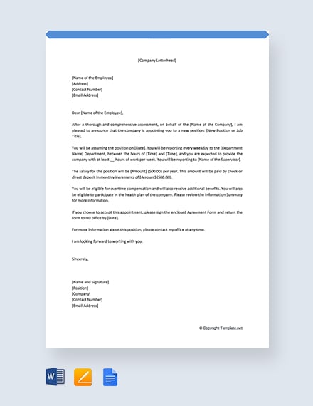 Free Job Appointment Letter Template for New Employee - Google Docs ...
