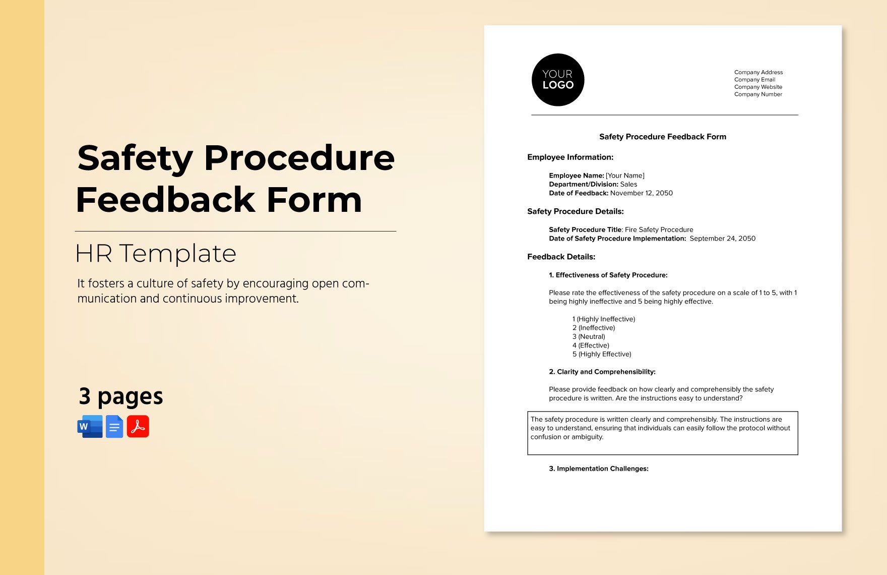 Safety Procedure Feedback Form HR Template in Word, Google Docs, PDF