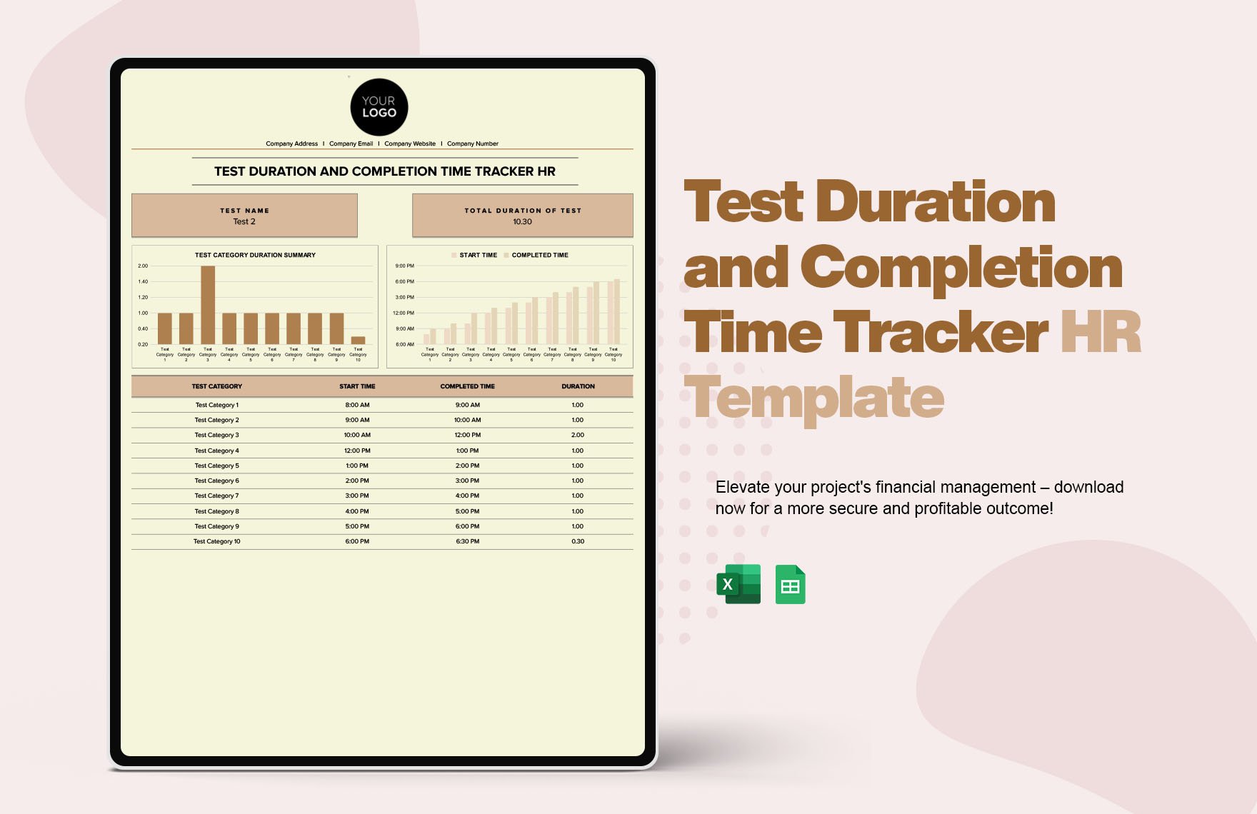 Test Duration and Completion Time Tracker HR Template in Excel, Google Sheets