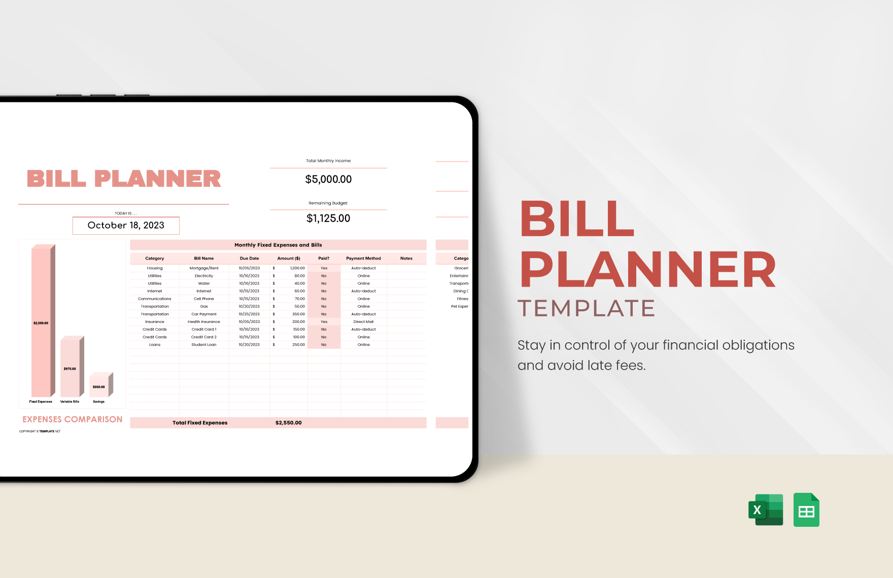 Bill Planner Template in Excel, Google Sheets