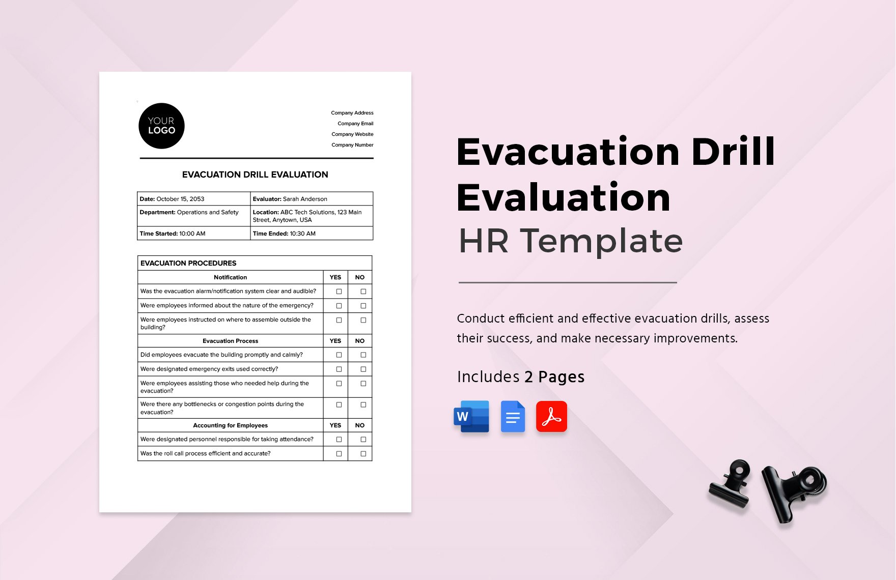 Evacuation Drill Evaluation HR Template in Word, Google Docs, PDF