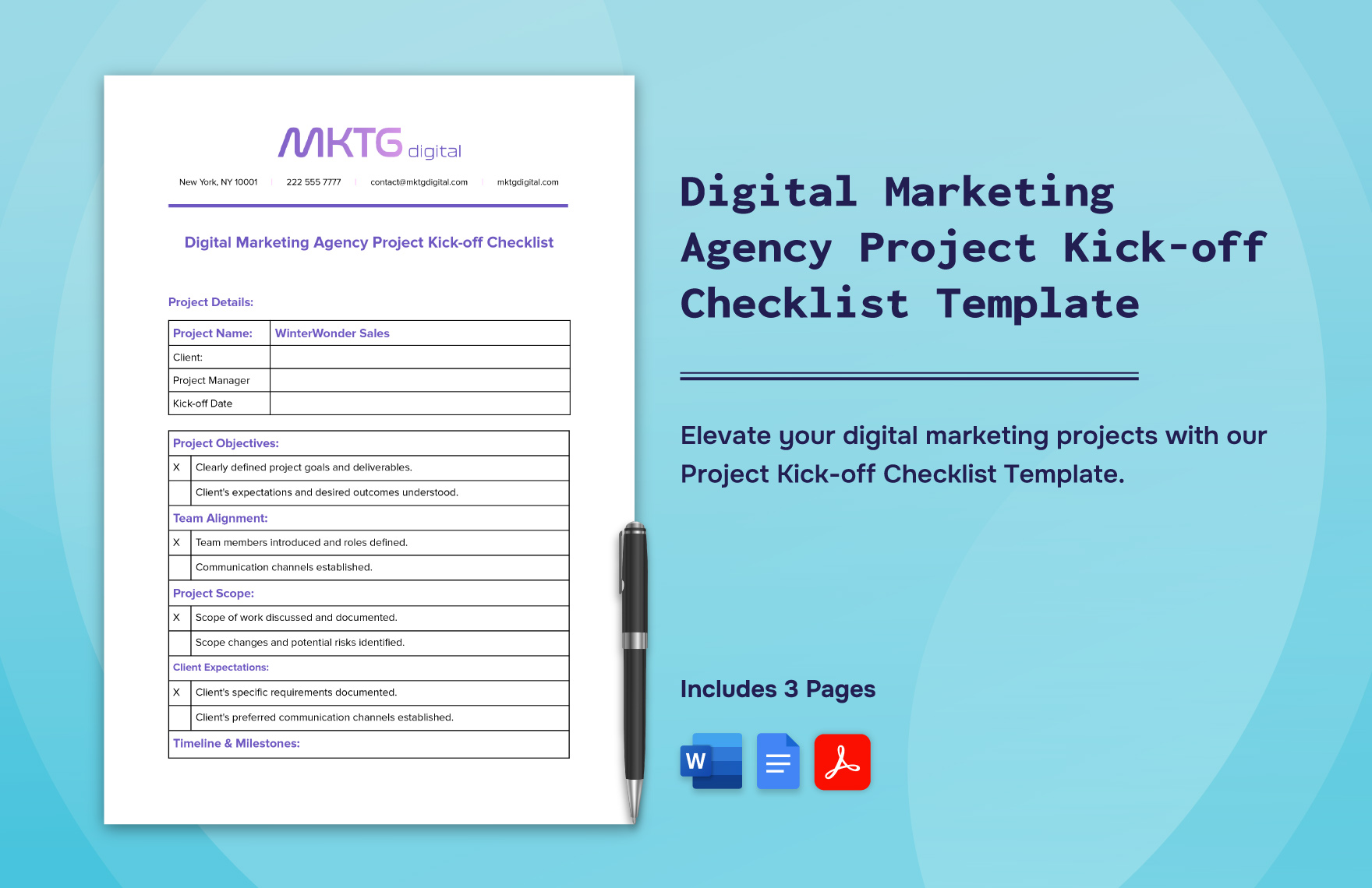 Digital Marketing Agency Project Kick-off Checklist Template in Word, Google Docs, PDF