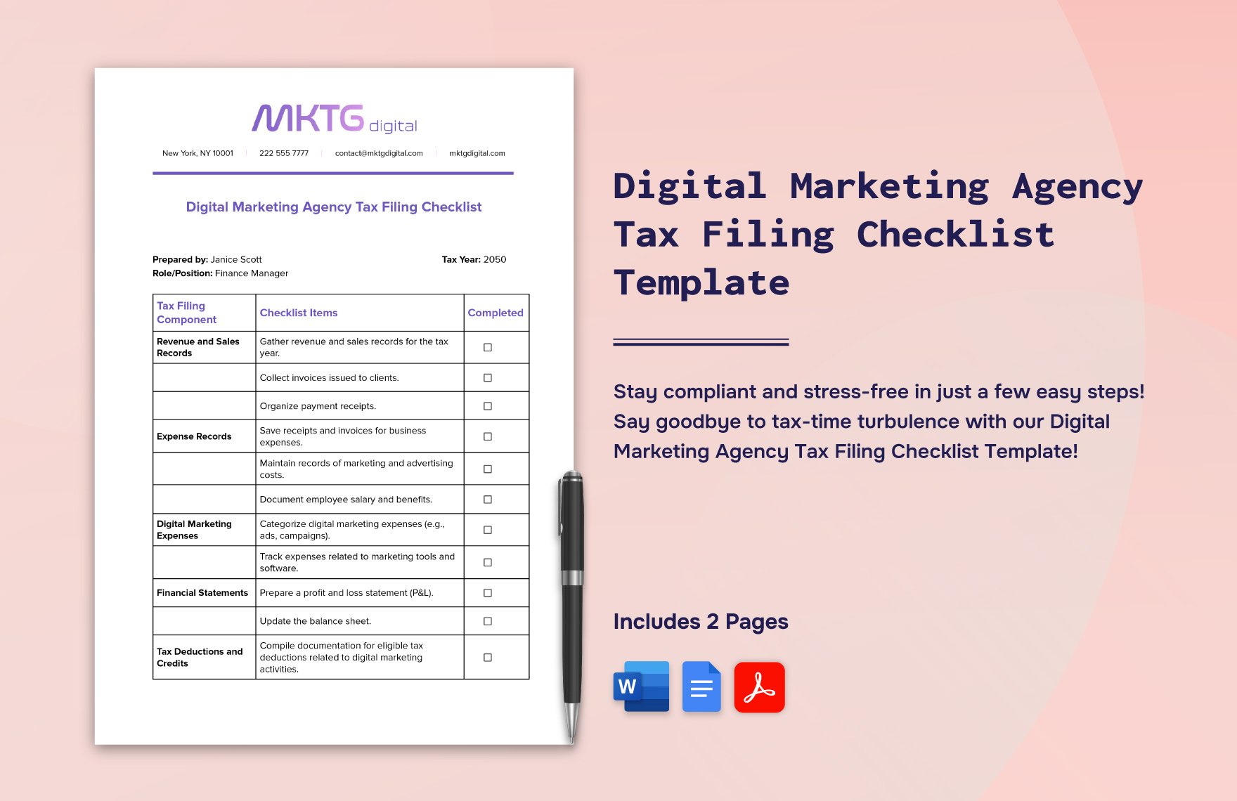 Digital Marketing Agency Tax Filing Checklist Template