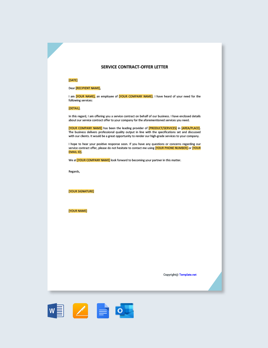 Free Service Contract Offer Letter in Word, Google Docs, PDF, Apple Pages, Outlook