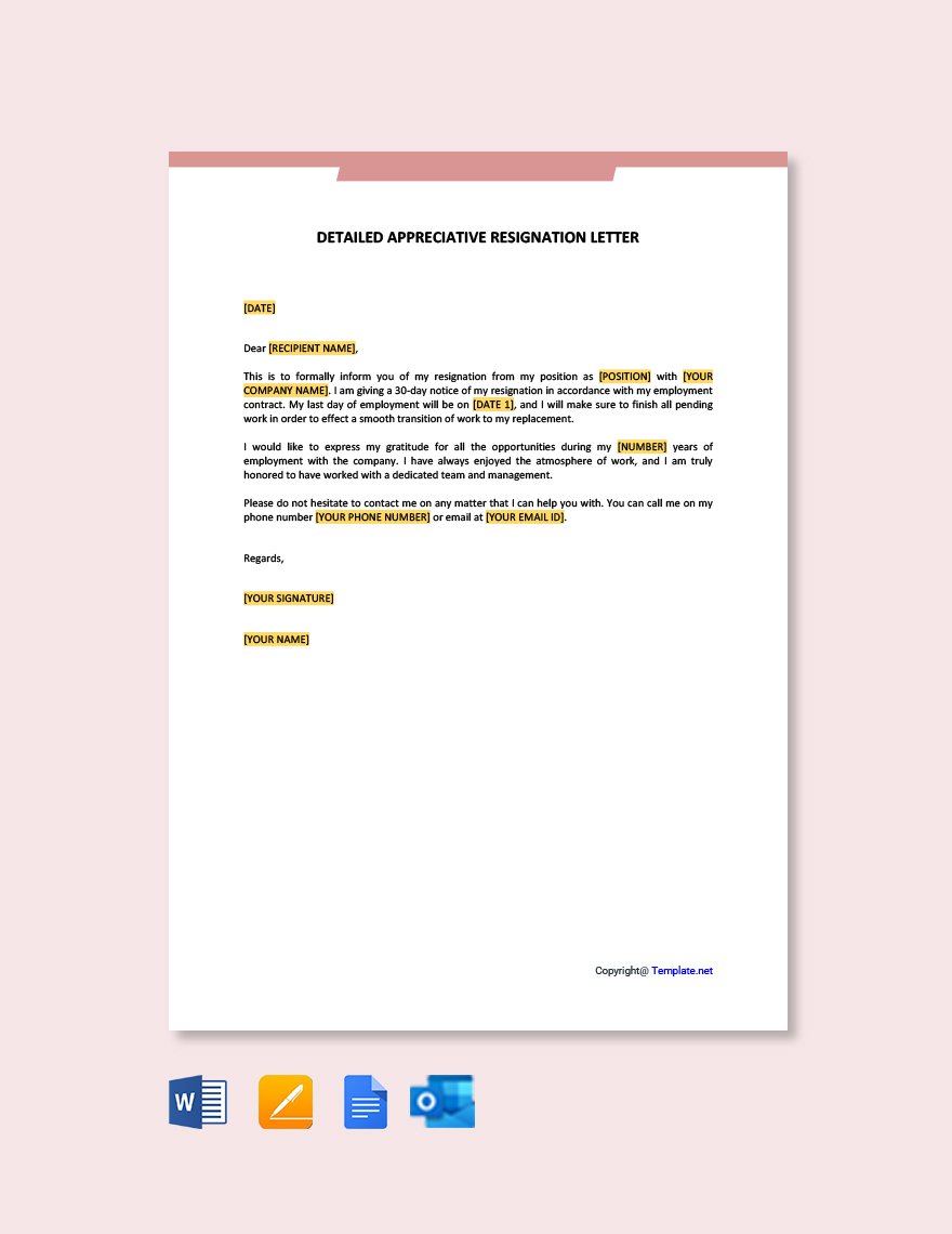 Detailed Appreciative Resignation Letter in Word, Google Docs, PDF, Apple Pages, Outlook