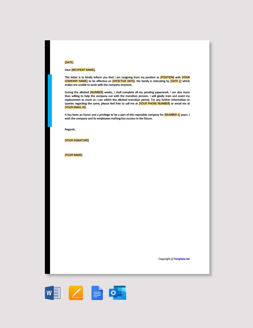 Resignation Letter Due to Relocation in Word, Google Docs, PDF, Apple Pages, Outlook