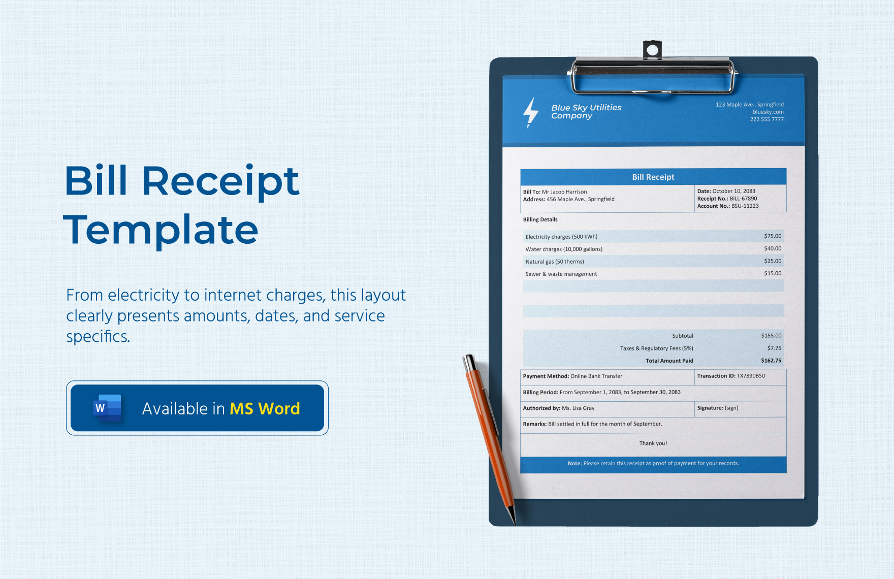 Bill Receipt Template in Word Download