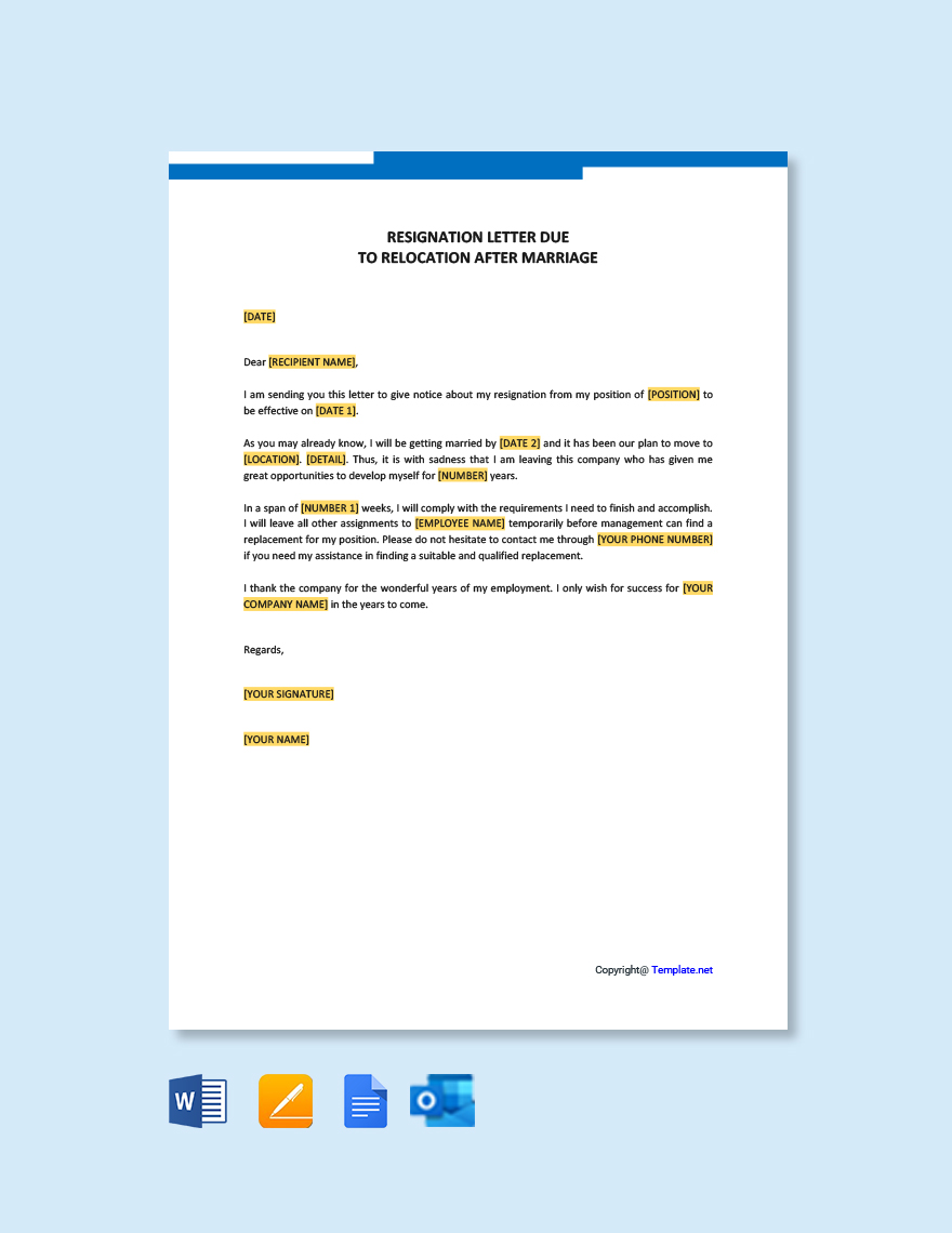 Resignation Letter Due To Relocation After Marriage In Google Docs 