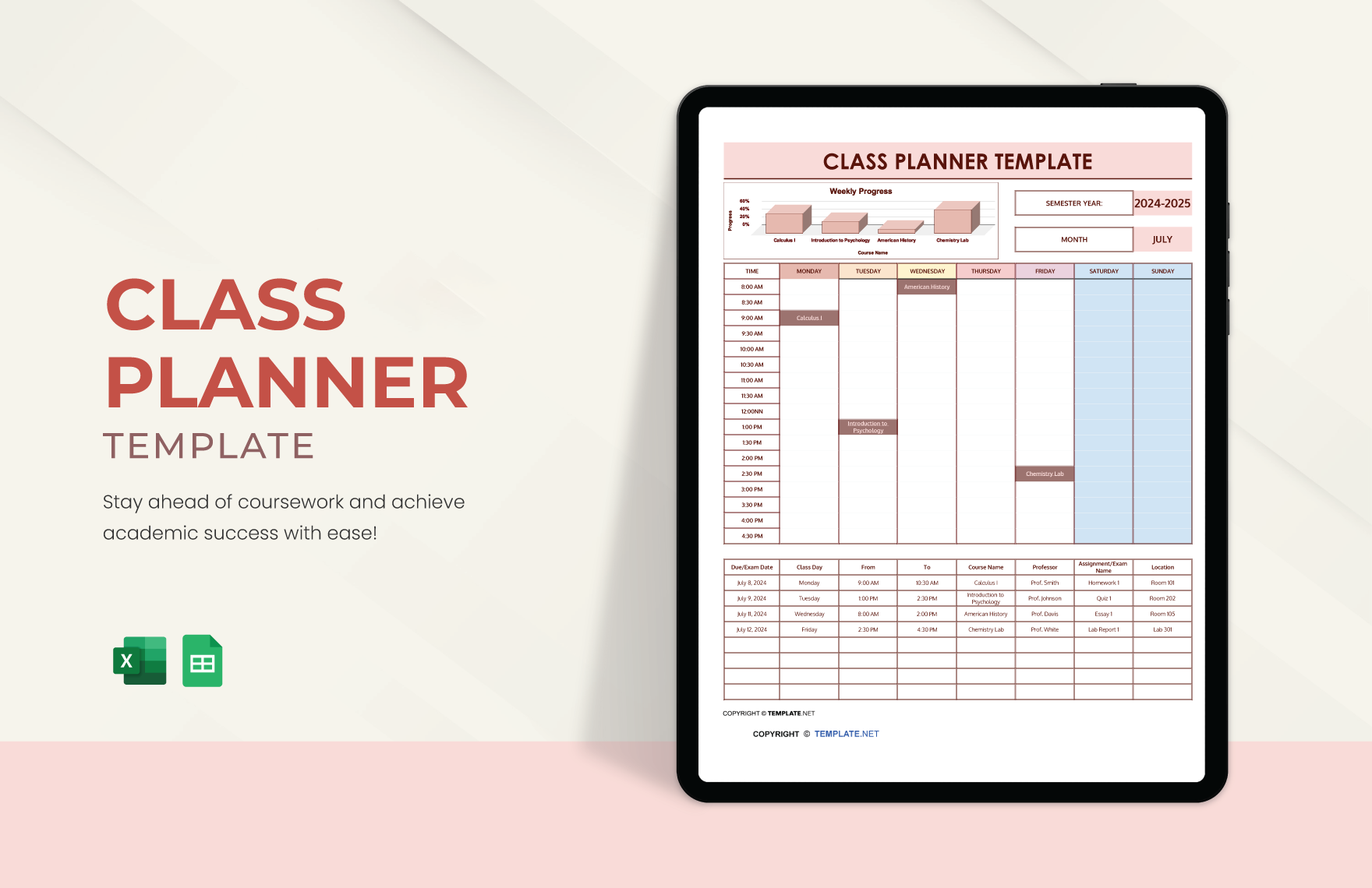 Class Planner Template in Excel, Google Sheets
