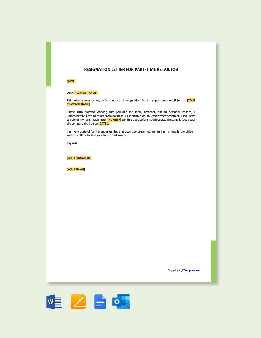 Resignation Letter For Part Time Retail Job in Word, Google Docs, PDF, Apple Pages, Outlook