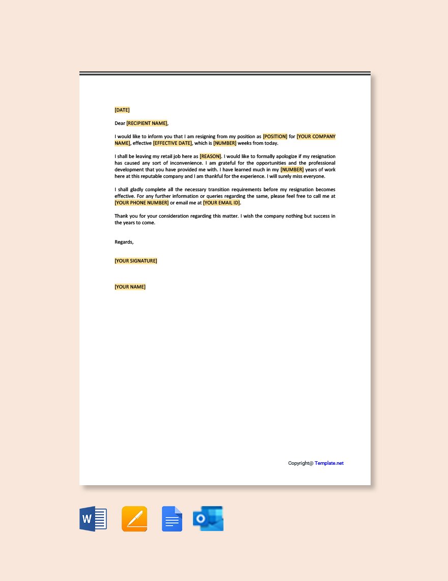 Retail Job Resignation Letter in Word, Google Docs, PDF, Apple Pages, Outlook