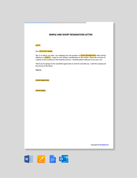 Free Simple And Short Resignation Letter