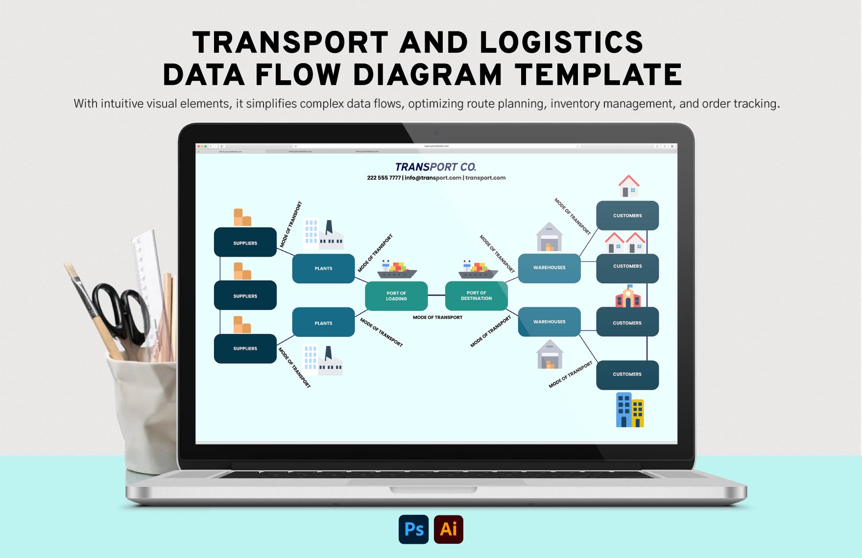 Transport and Logistics Network Diagram Template in Illustrator, PSD