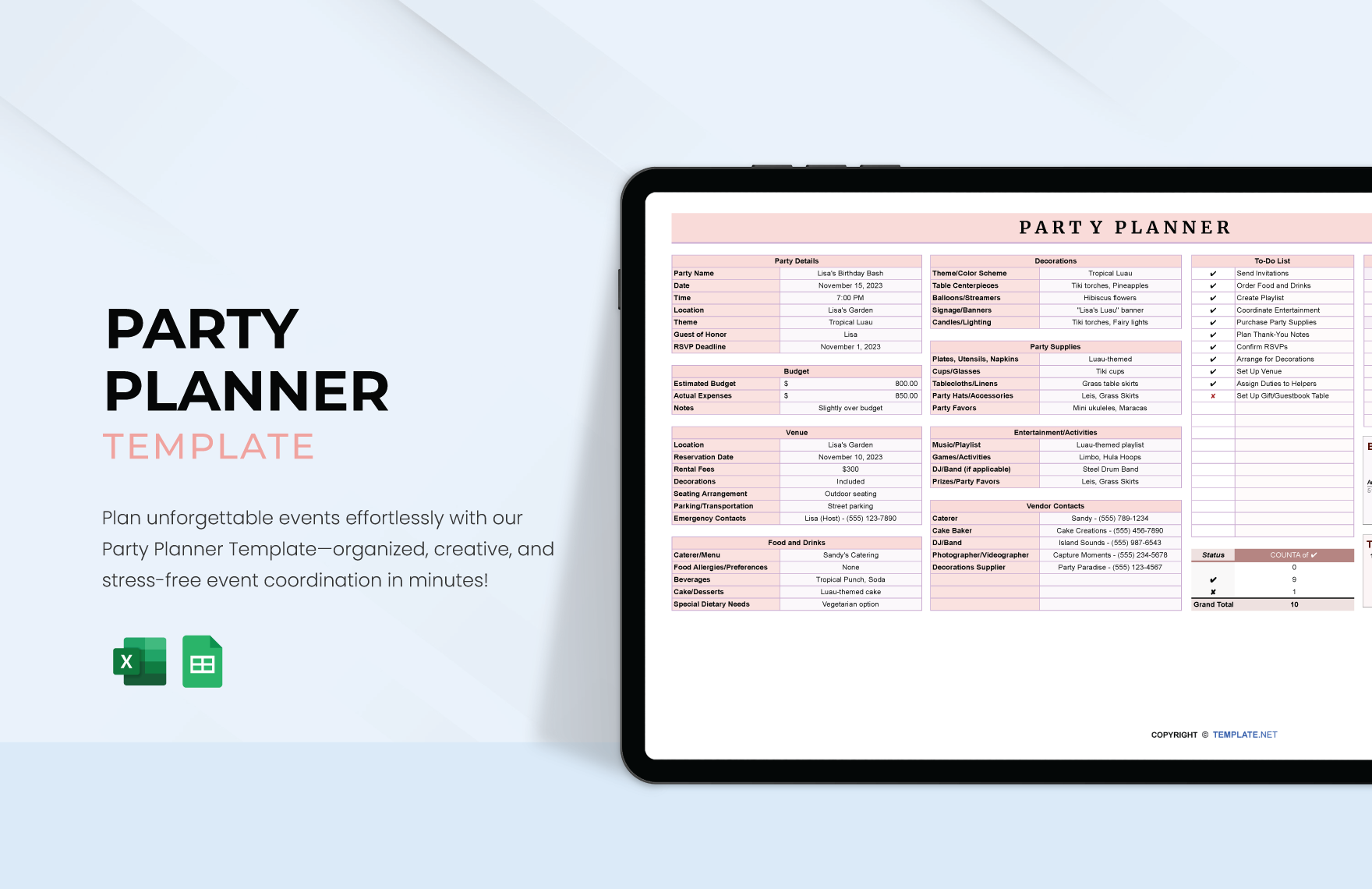 Free Party Planner Template in Excel, Google Sheets