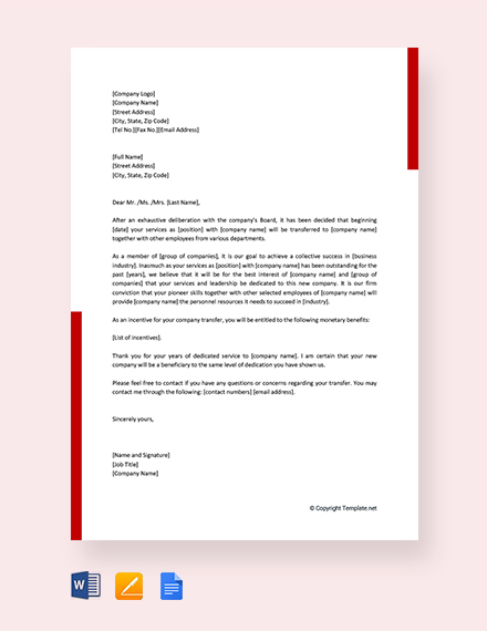 FREE Company Transfer Letter to Employee Template: Download 2538 ...