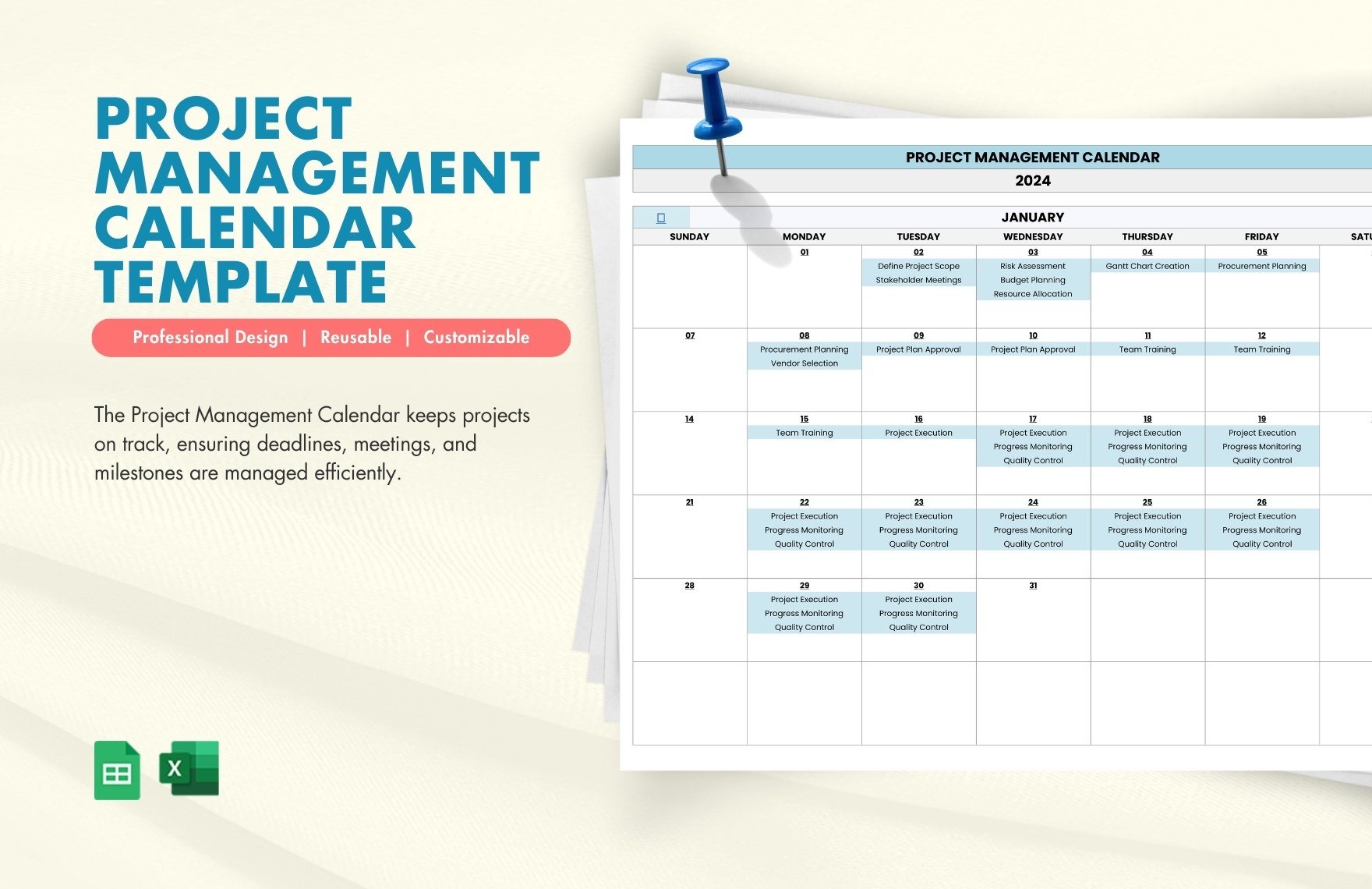 Free Project Management Calendar Template in Excel, Google Sheets