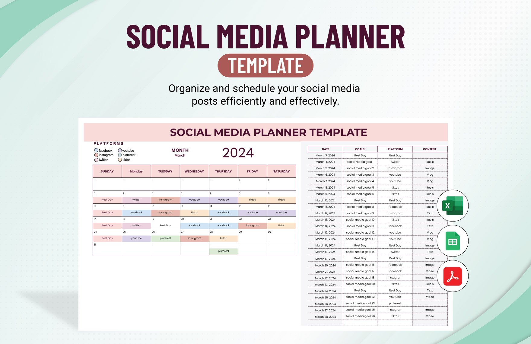Social Media Planner Template in Excel, PDF, Google Sheets