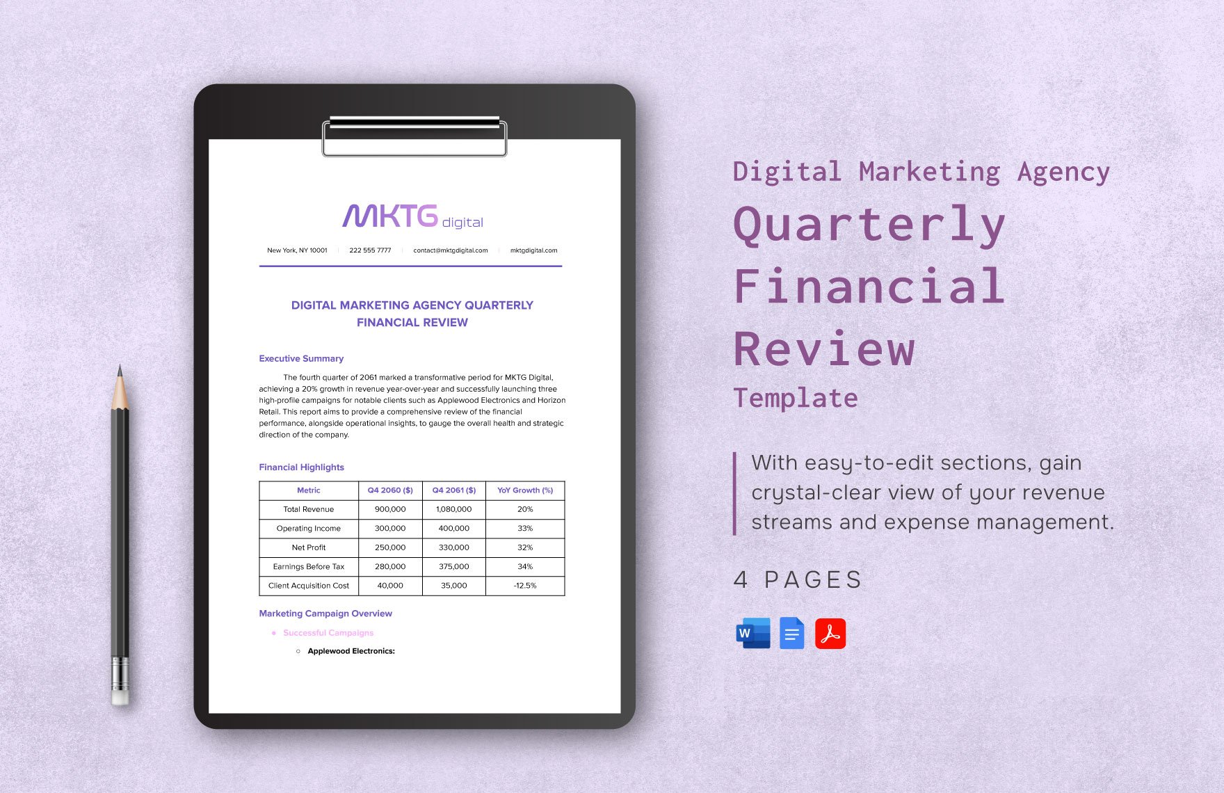 Digital Marketing Agency Quarterly Financial Review Template in Word, Google Docs, PDF