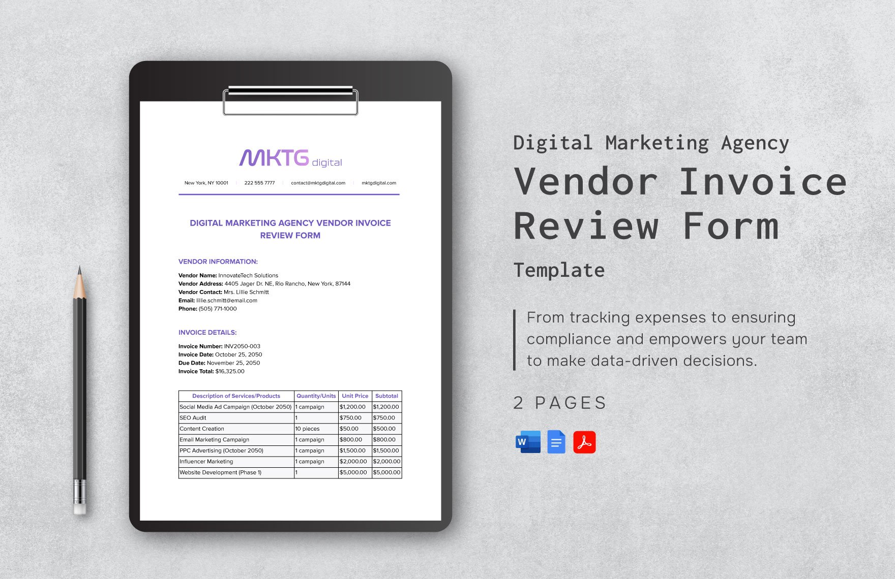 Digital Marketing Agency Vendor Invoice Review Form Template in Word, Google Docs, PDF
