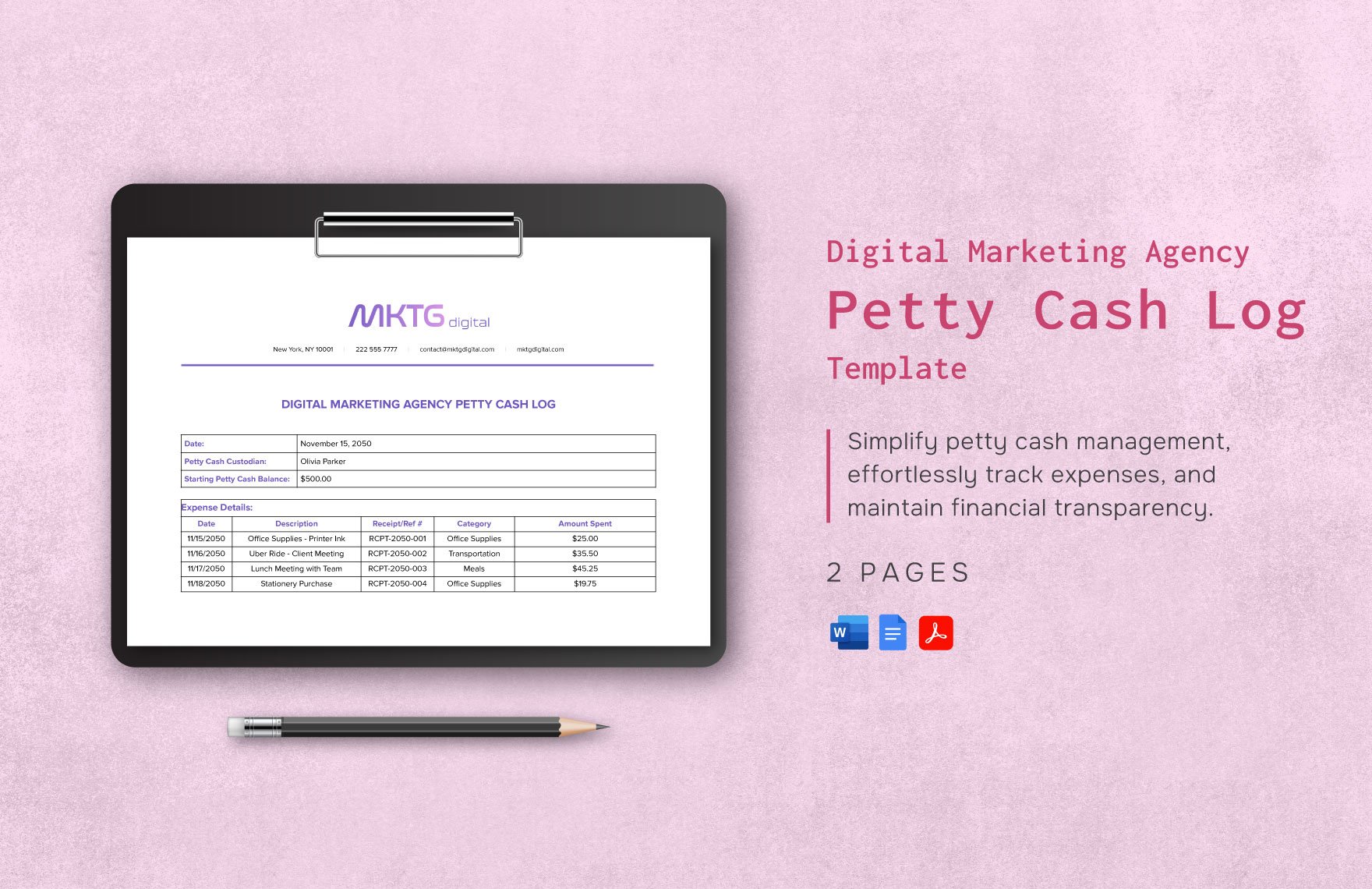Digital Marketing Agency Petty Cash Log Template