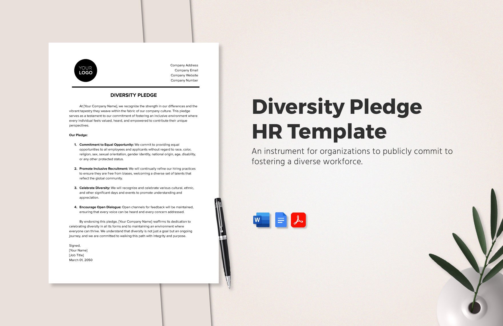 Diversity Pledge HR Template in Word, Google Docs, PDF