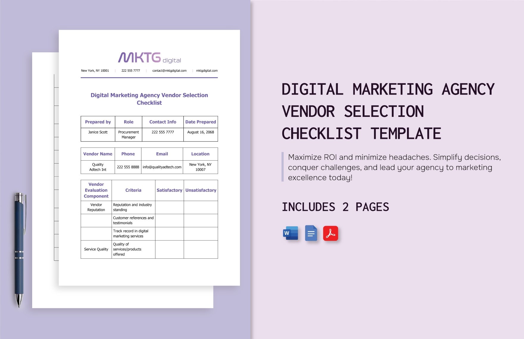 Digital Marketing Agency Vendor Selection Checklist Template
