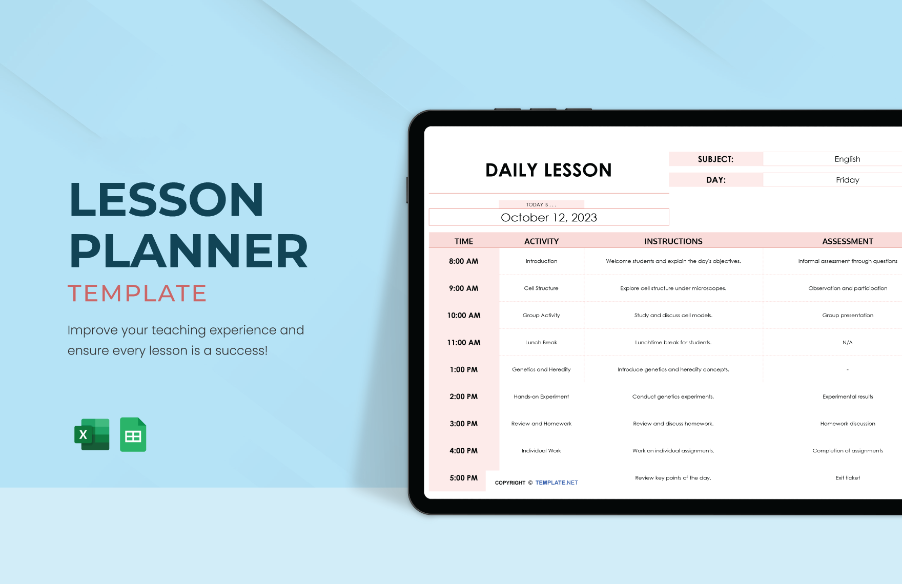 Lesson Planner Template in Excel, Google Sheets
