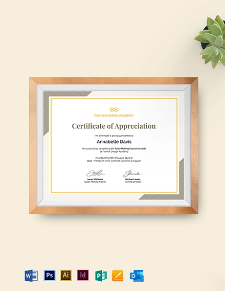 Certificate of Appreciation for Training Template - Google Docs, Illustrator, InDesign, Word, Outlook, Apple Pages, PSD, Publisher
