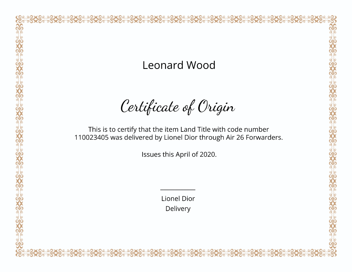 Certificate of Origin Template