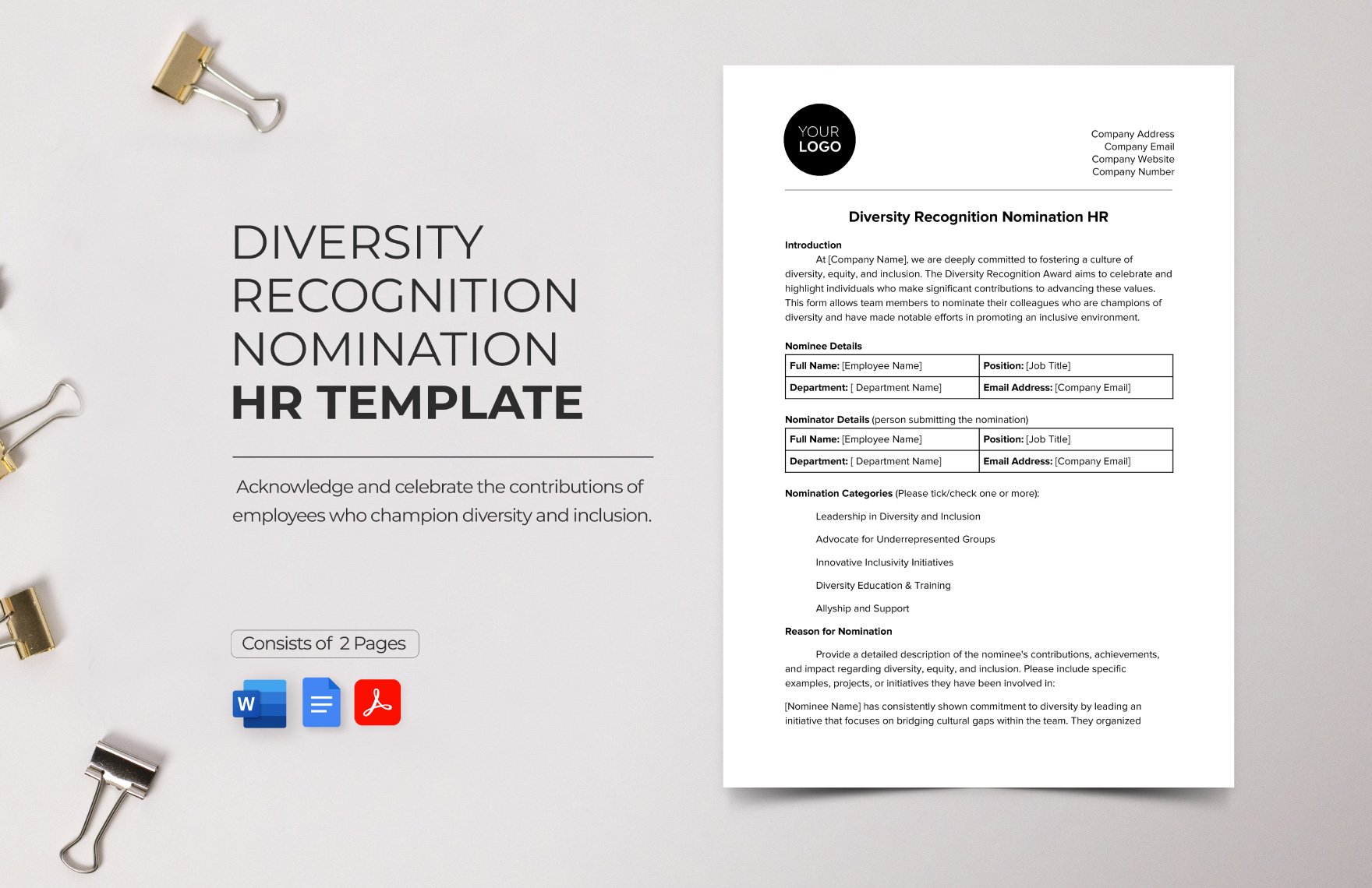Diversity Recognition Nomination HR Template in Word, Google Docs, PDF