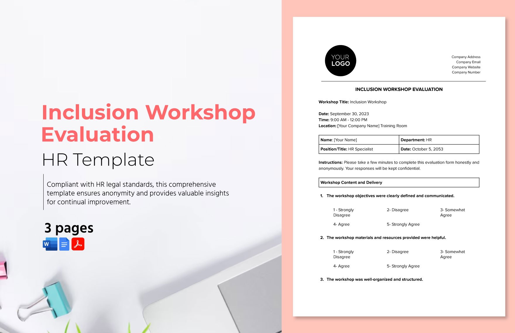 Inclusion Workshop Evaluation HR Template in Word, Google Docs, PDF