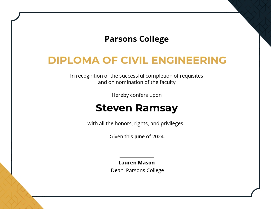 Civil Diploma Certificate Template - Google Docs, Illustrator, InDesign, Word, Apple Pages, PSD, Publisher