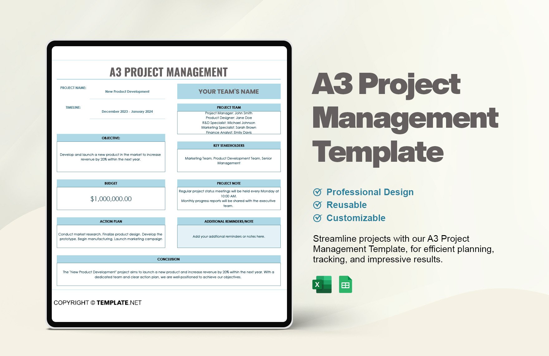 Free A3 Project Management Template in Excel, Google Sheets