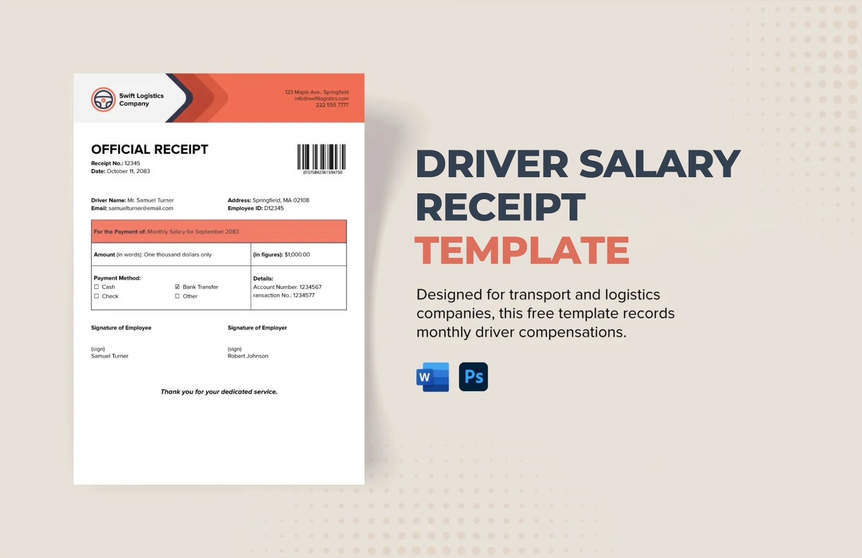 Free Driver Salary Receipt Template in Word, PSD