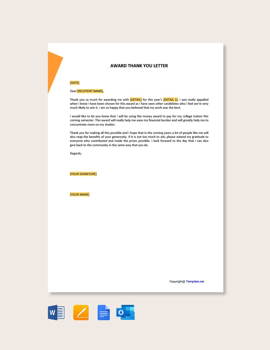Award Thank You Letter Template