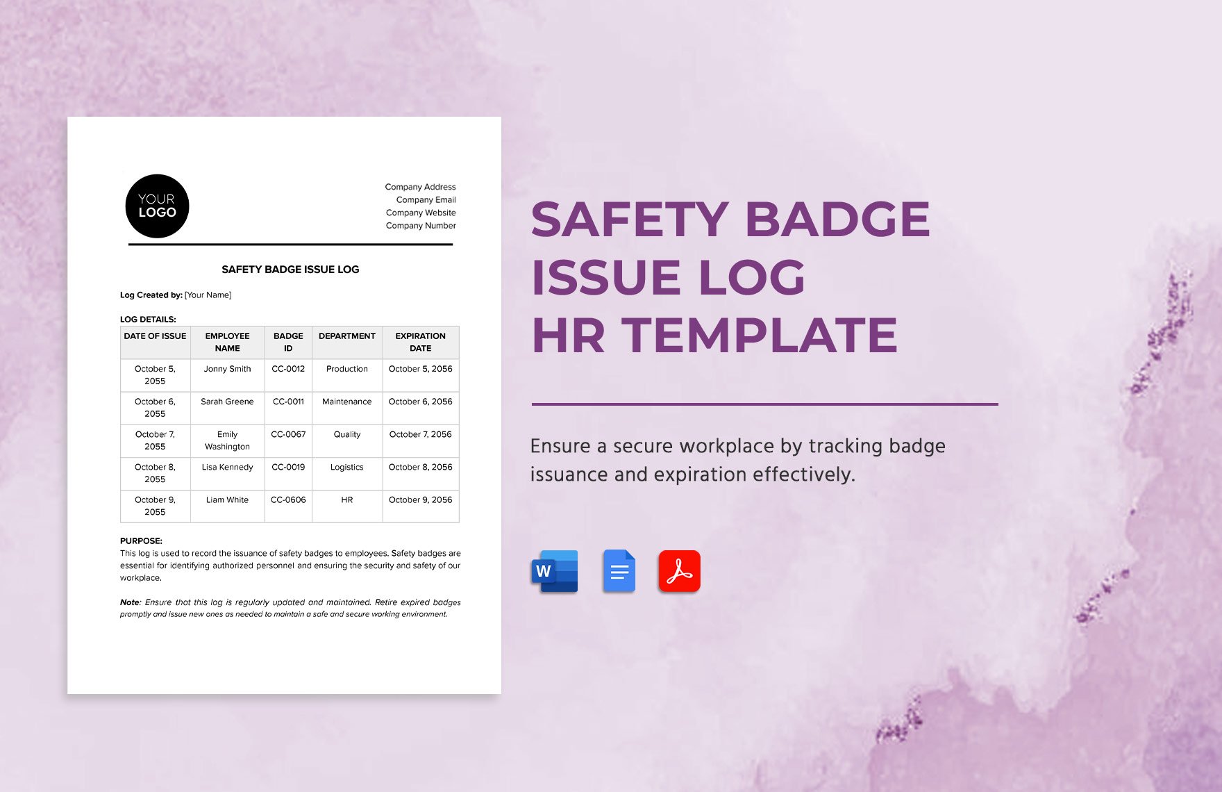 Safety Badge Issue Log HR Template in Word, Google Docs, PDF