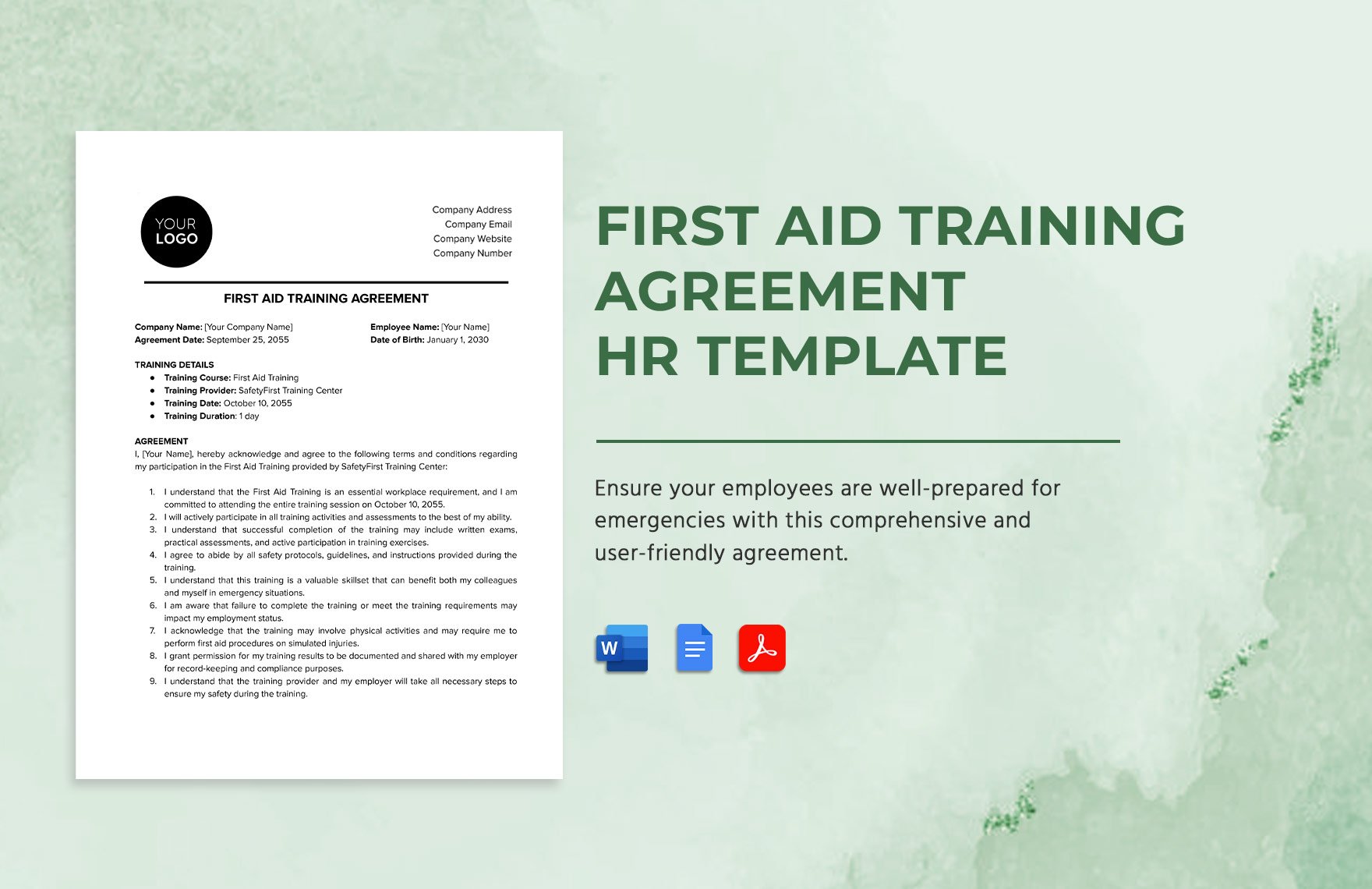 First Aid Training Agreement HR Template in Word, Google Docs, PDF
