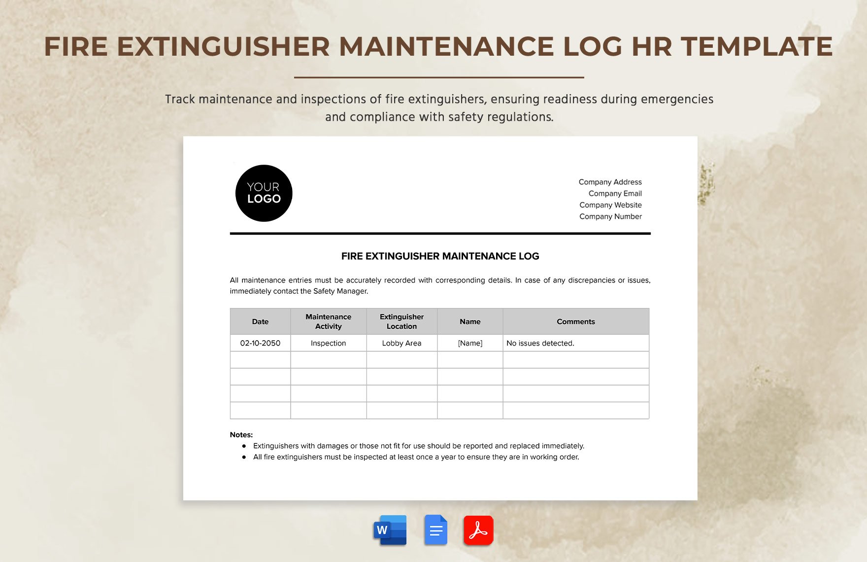 Fire Extinguisher Maintenance Log HR Template in Word, Google Docs, PDF