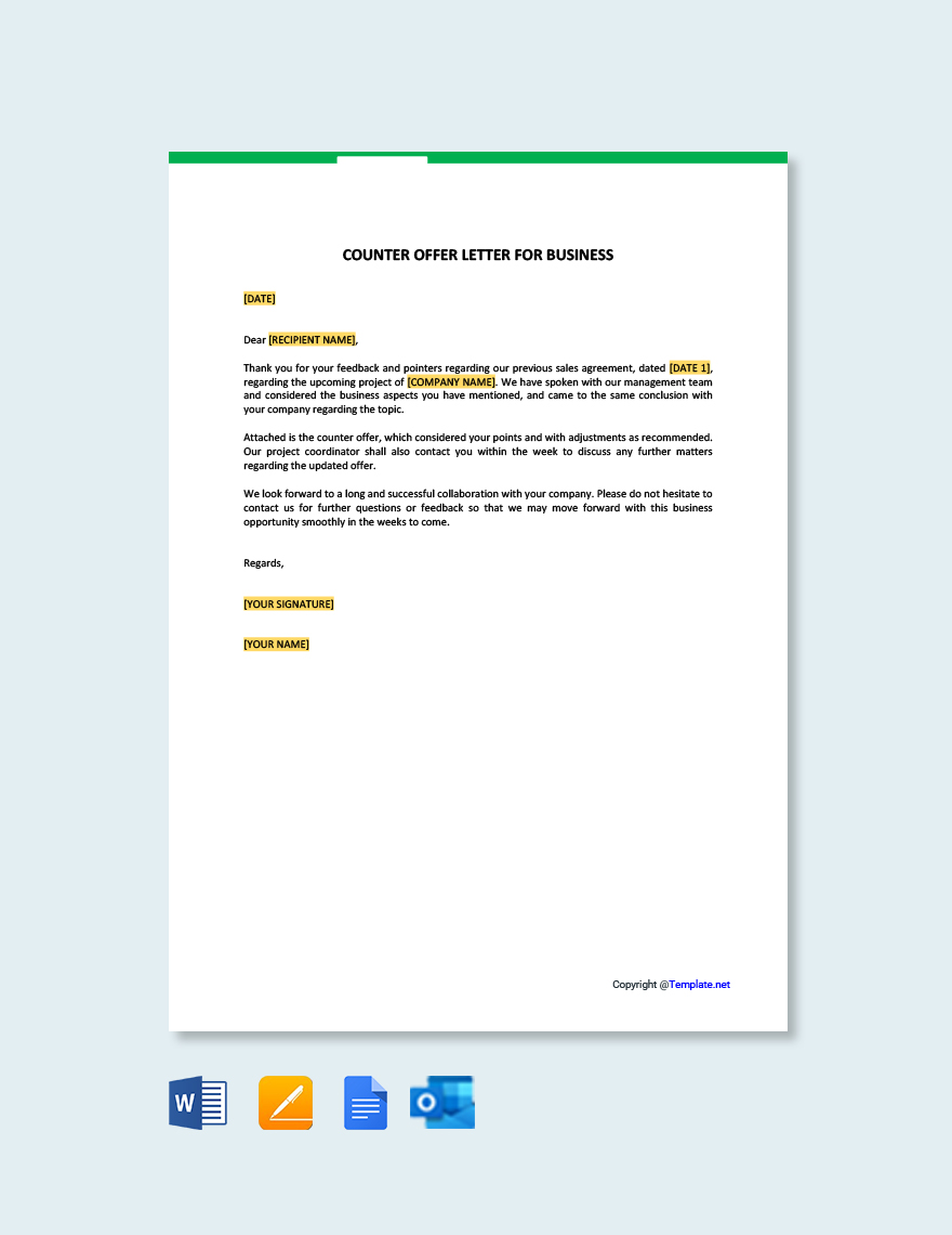 Counter Offer Letter for Business in Google Docs, Pages, Word, Outlook, PDF - Download | Template.net