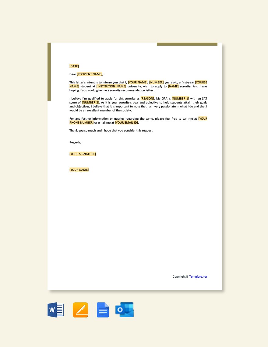Sorority Recommendation Letter Request Template