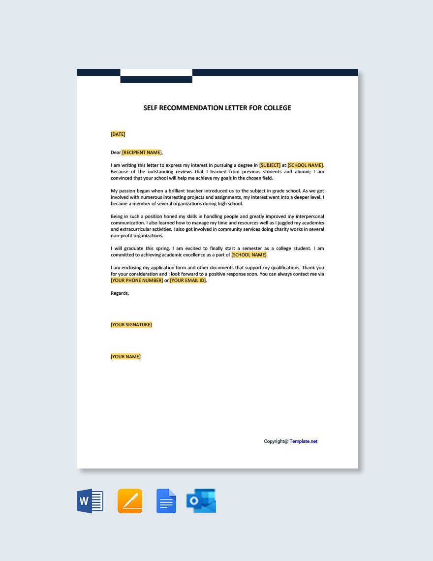 Self Recommendation Letter For College Template
