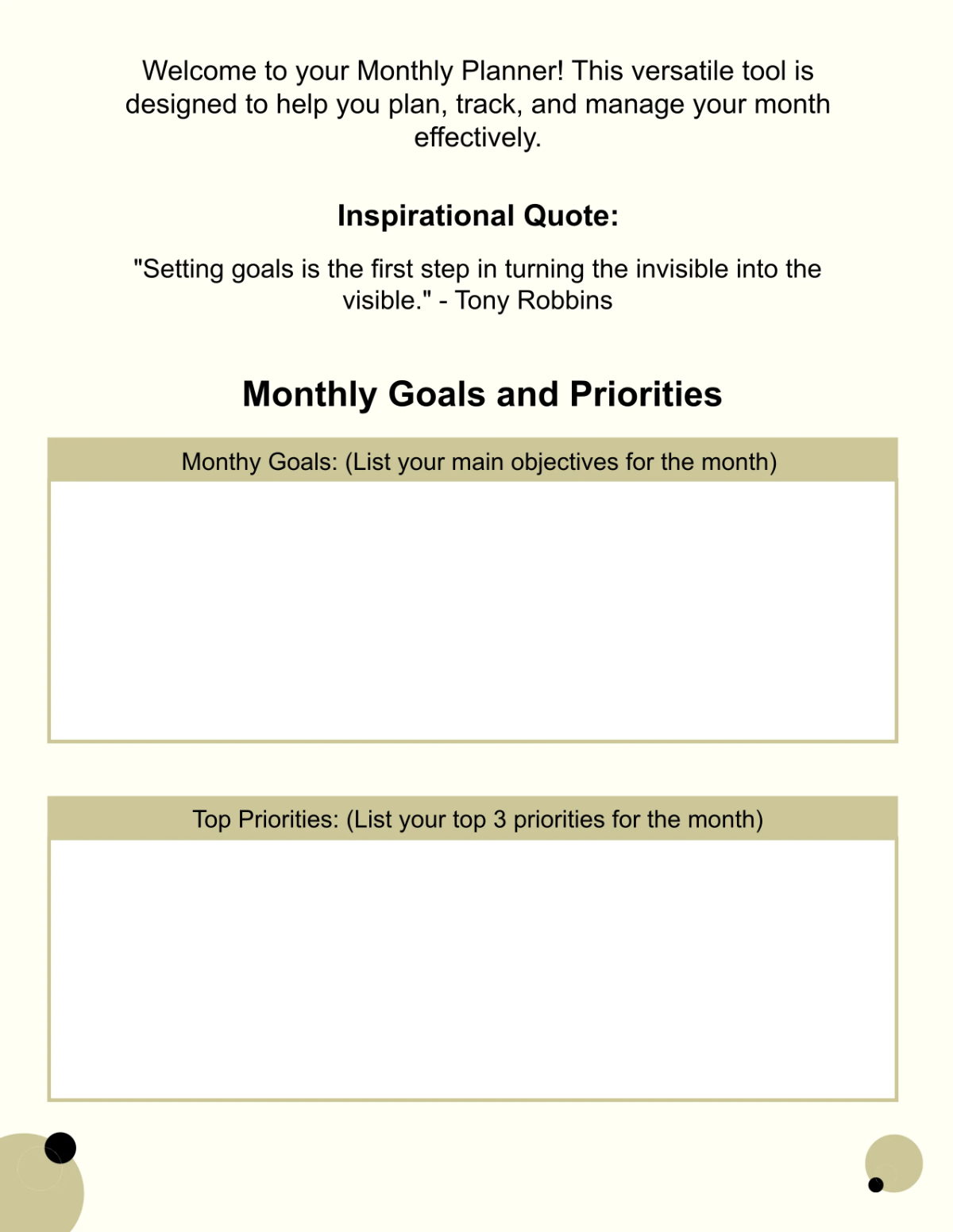 Free Monthly Planner Template to Edit Online