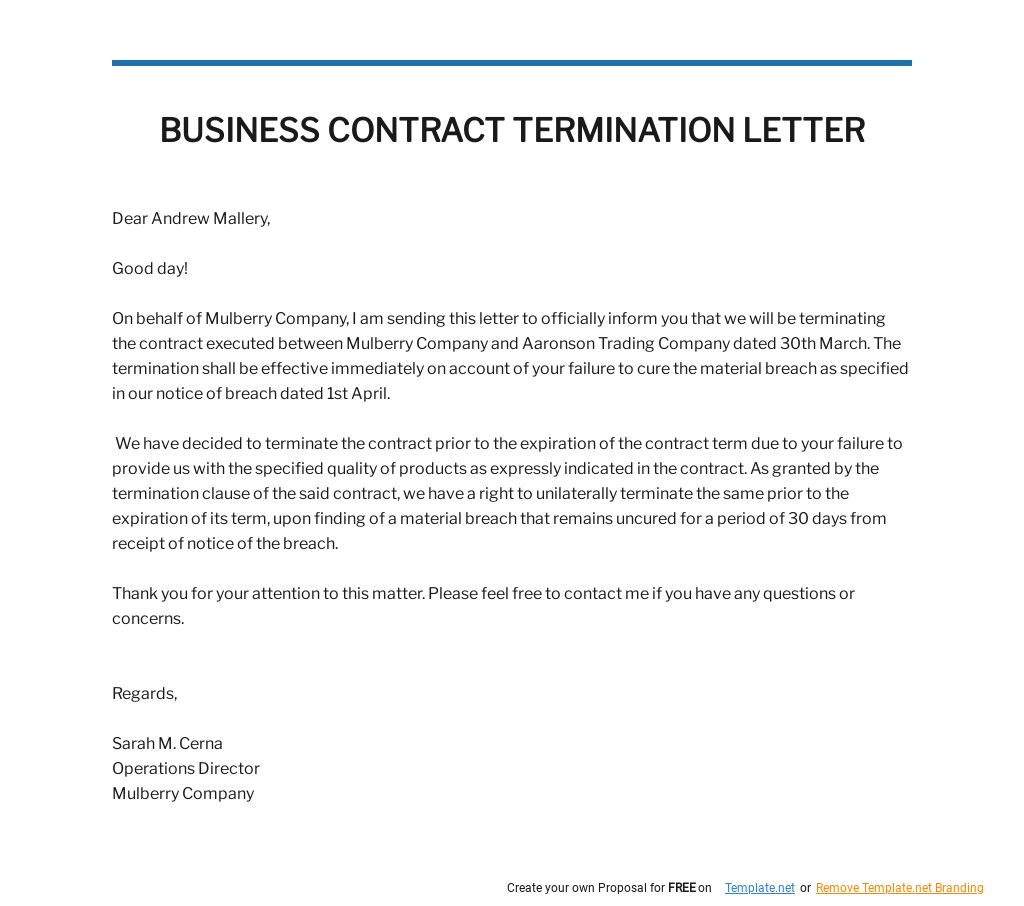 Business Contract Termination Letter Template