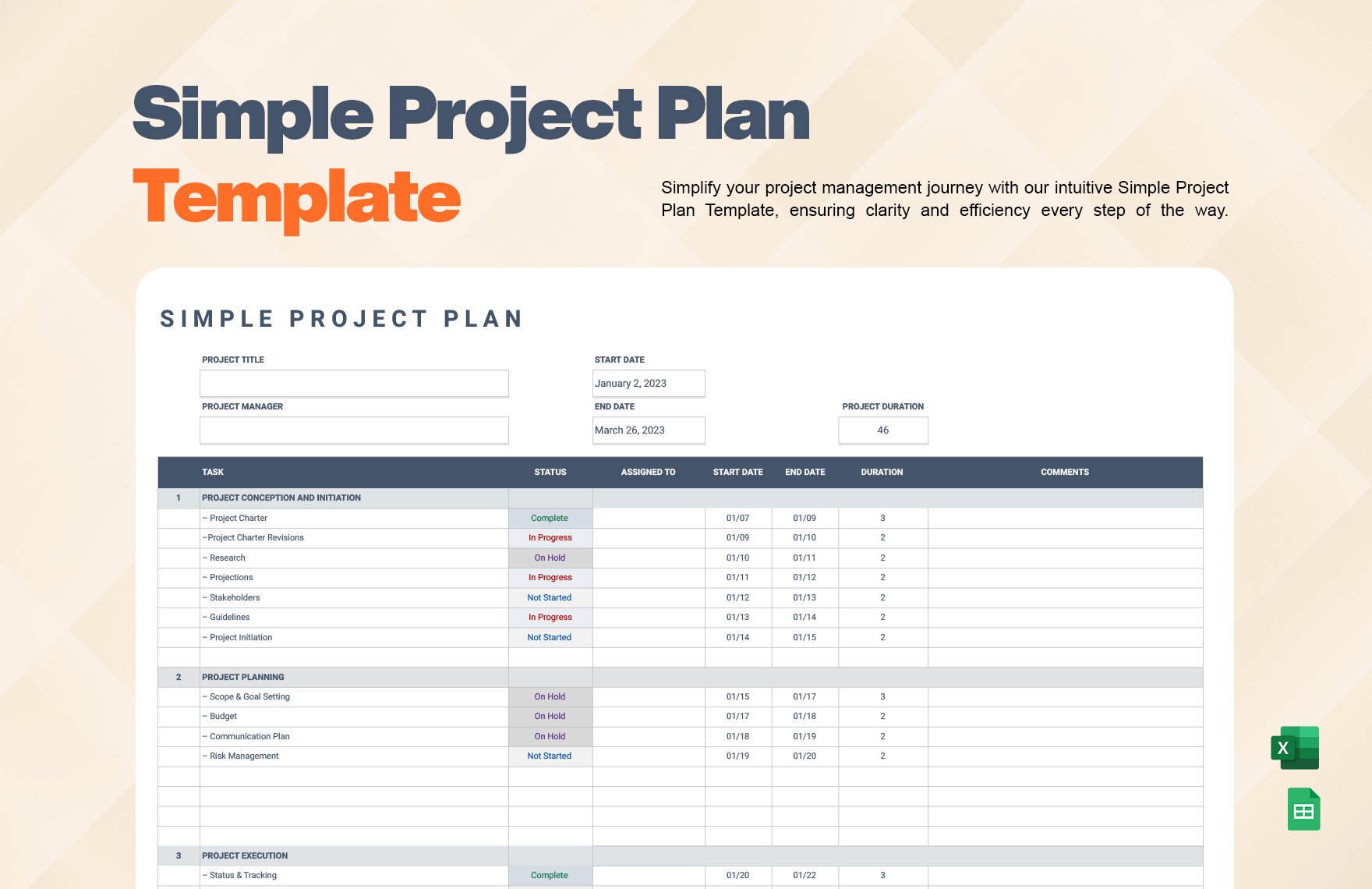 Free Simple Project Plan Template in Excel, Google Sheets