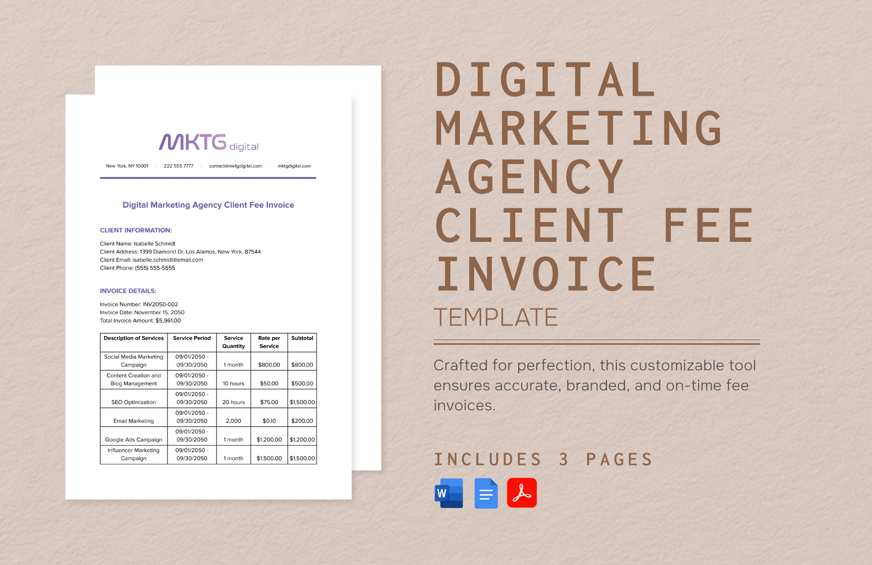 Digital Marketing Agency Client Fee Invoice Template in Word, PDF, Google Docs - Download | Template.net