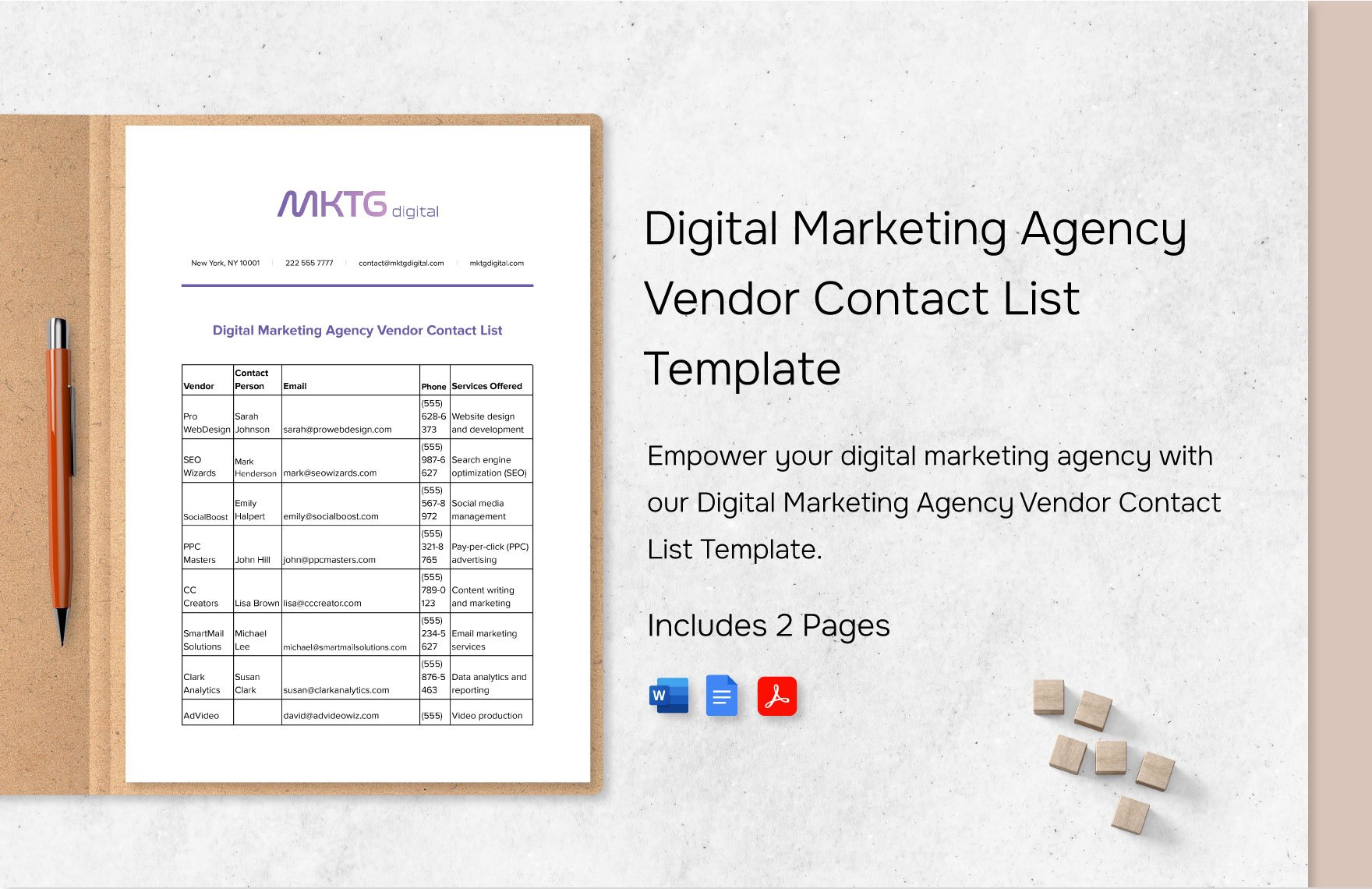 Digital Marketing Agency Vendor Contact List Template in Word, Google Docs, PDF