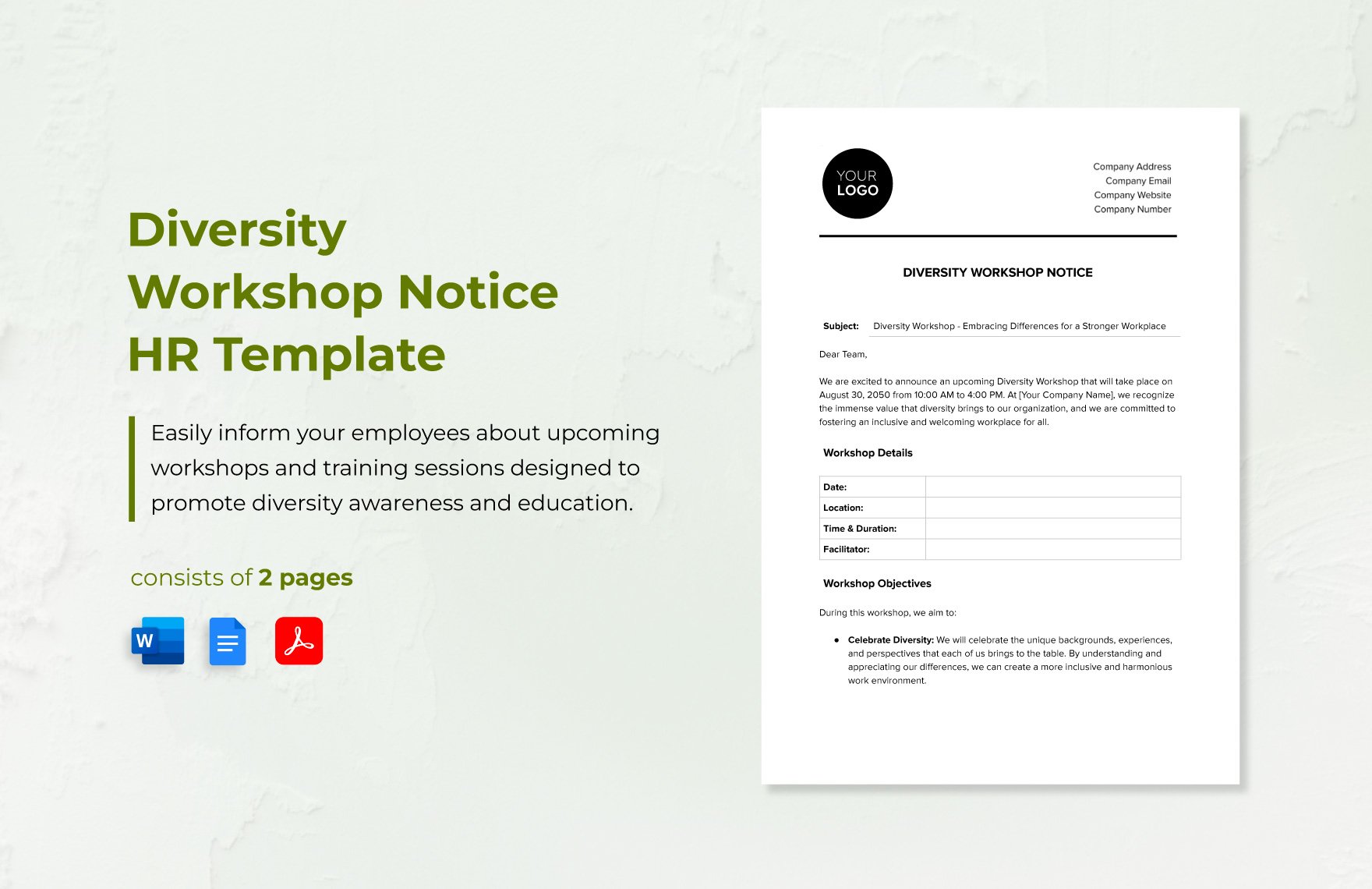 Diversity Workshop Notice HR Template in Word, Google Docs, PDF