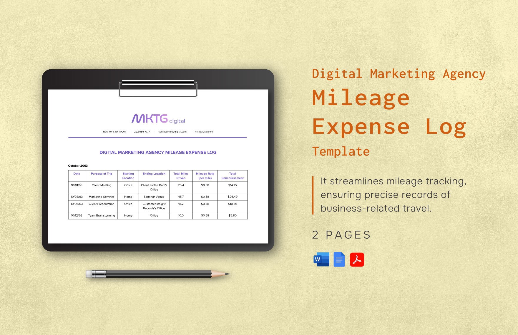 Digital Marketing Agency Mileage Expense Log Template