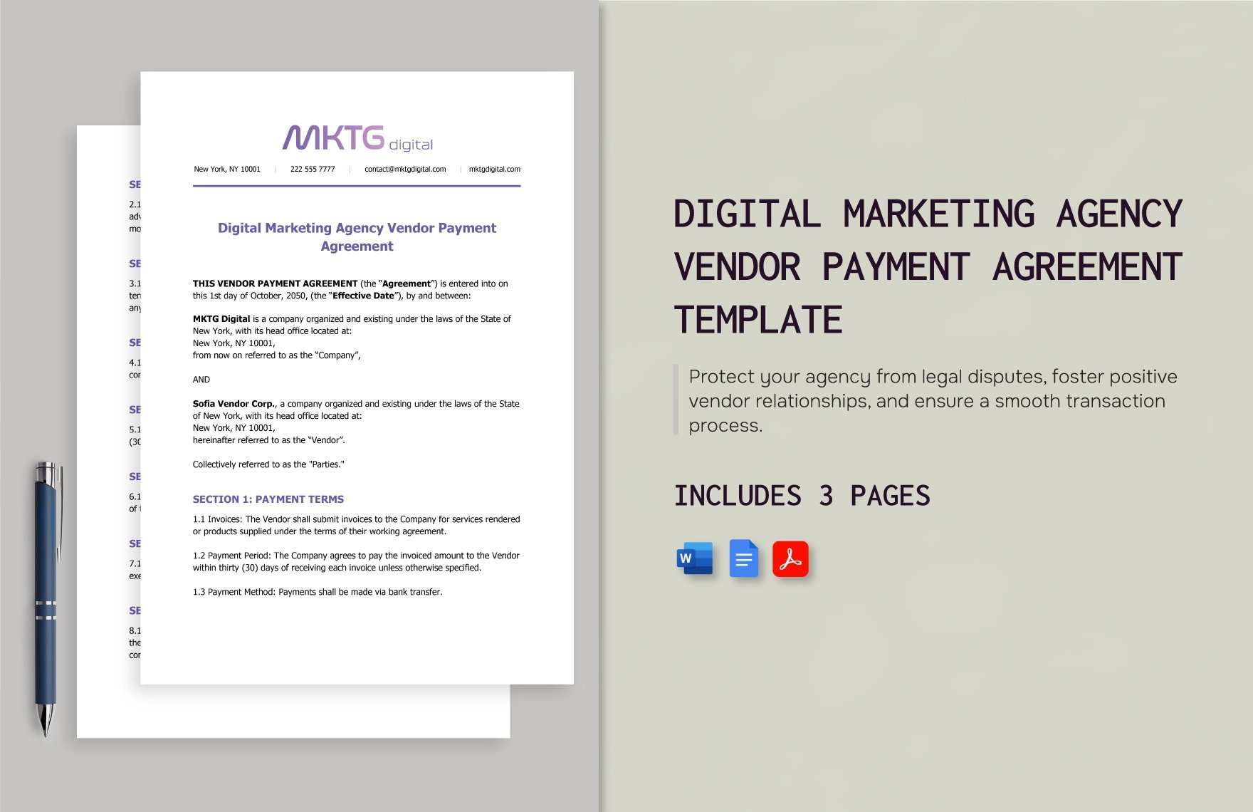 Digital Marketing Agency Vendor Payment Agreement Template