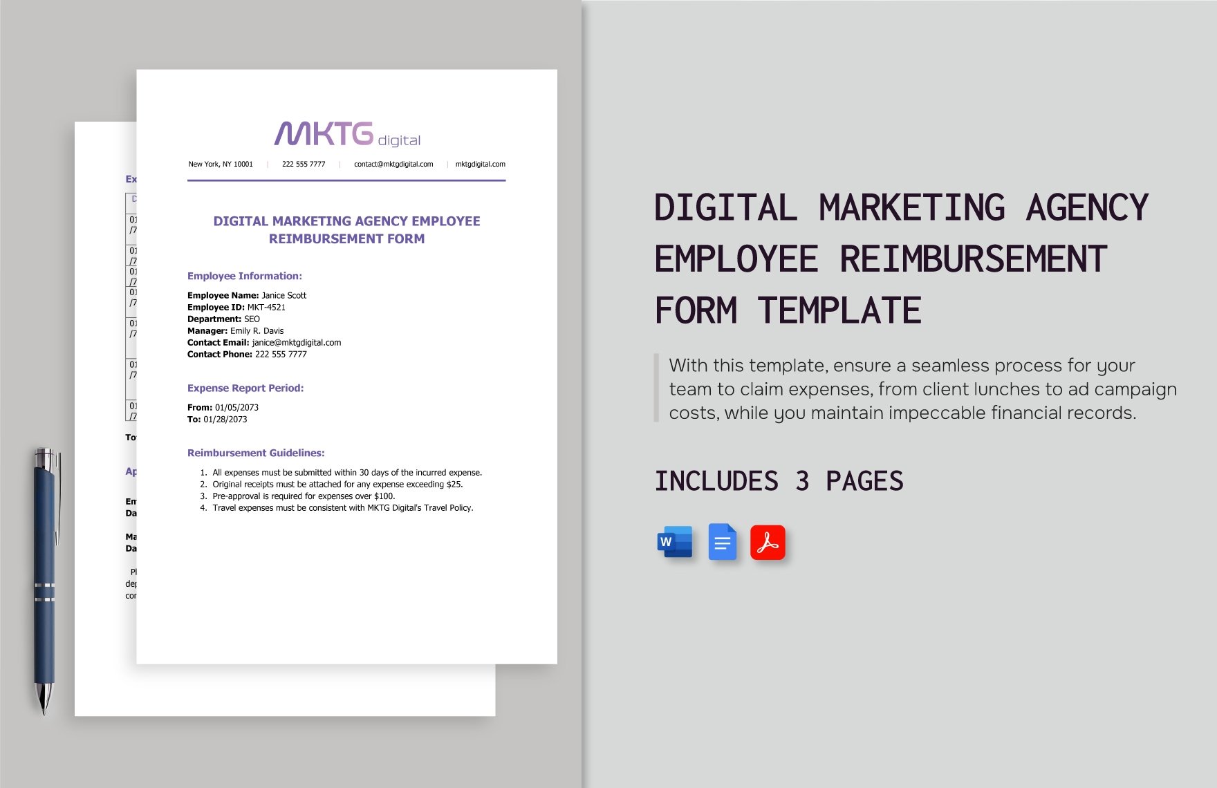Digital Marketing Agency Employee Reimbursement Form Template
